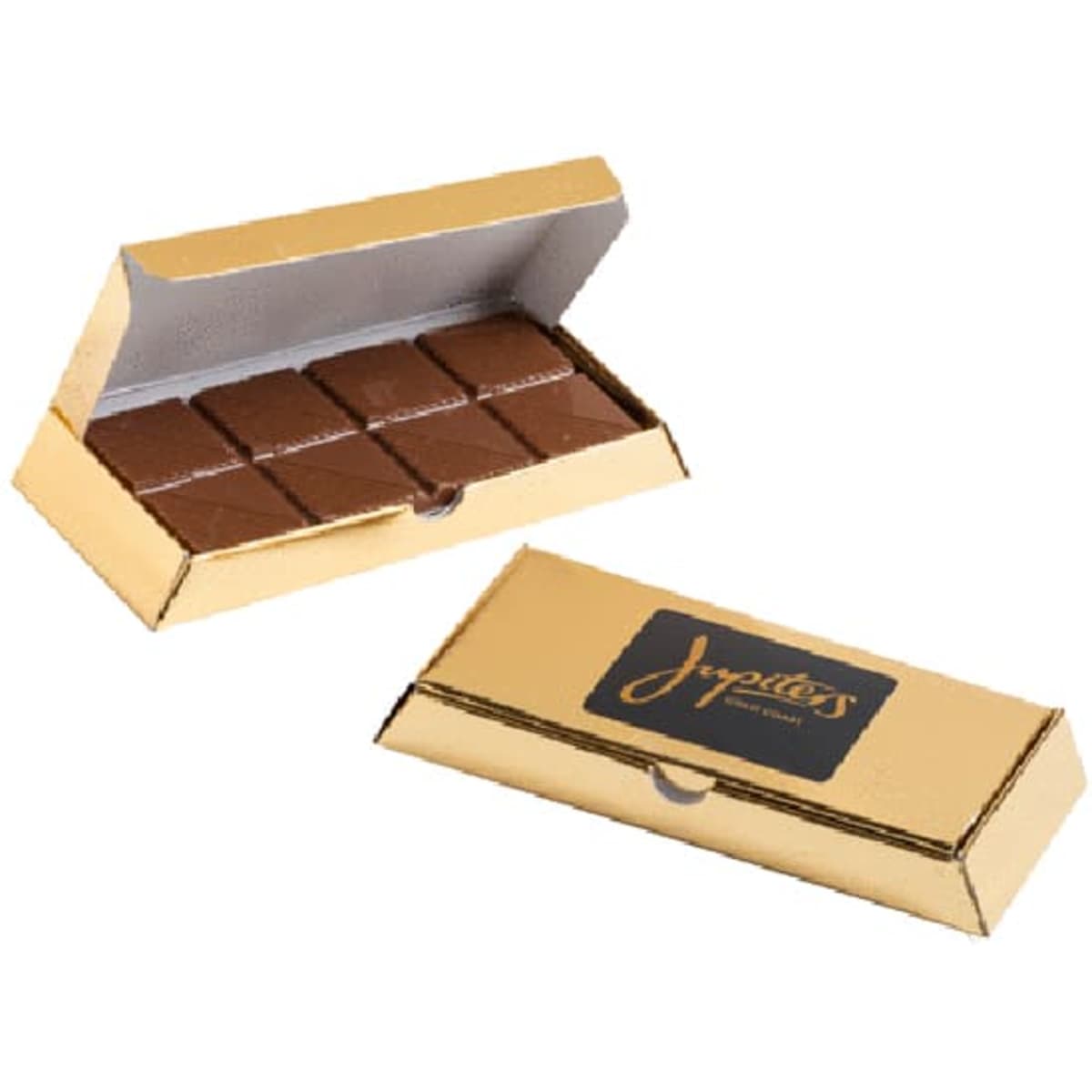 A gold bullion box containing several rectangular milk chocolate pieces inside. The box features a logo.