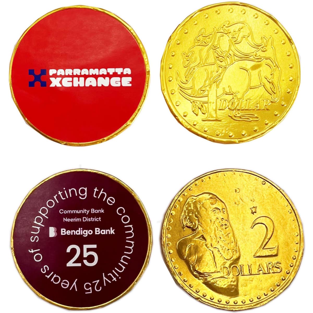 Gold chocolate coins with various designs, including pricing and logos, in a festive arrangement.