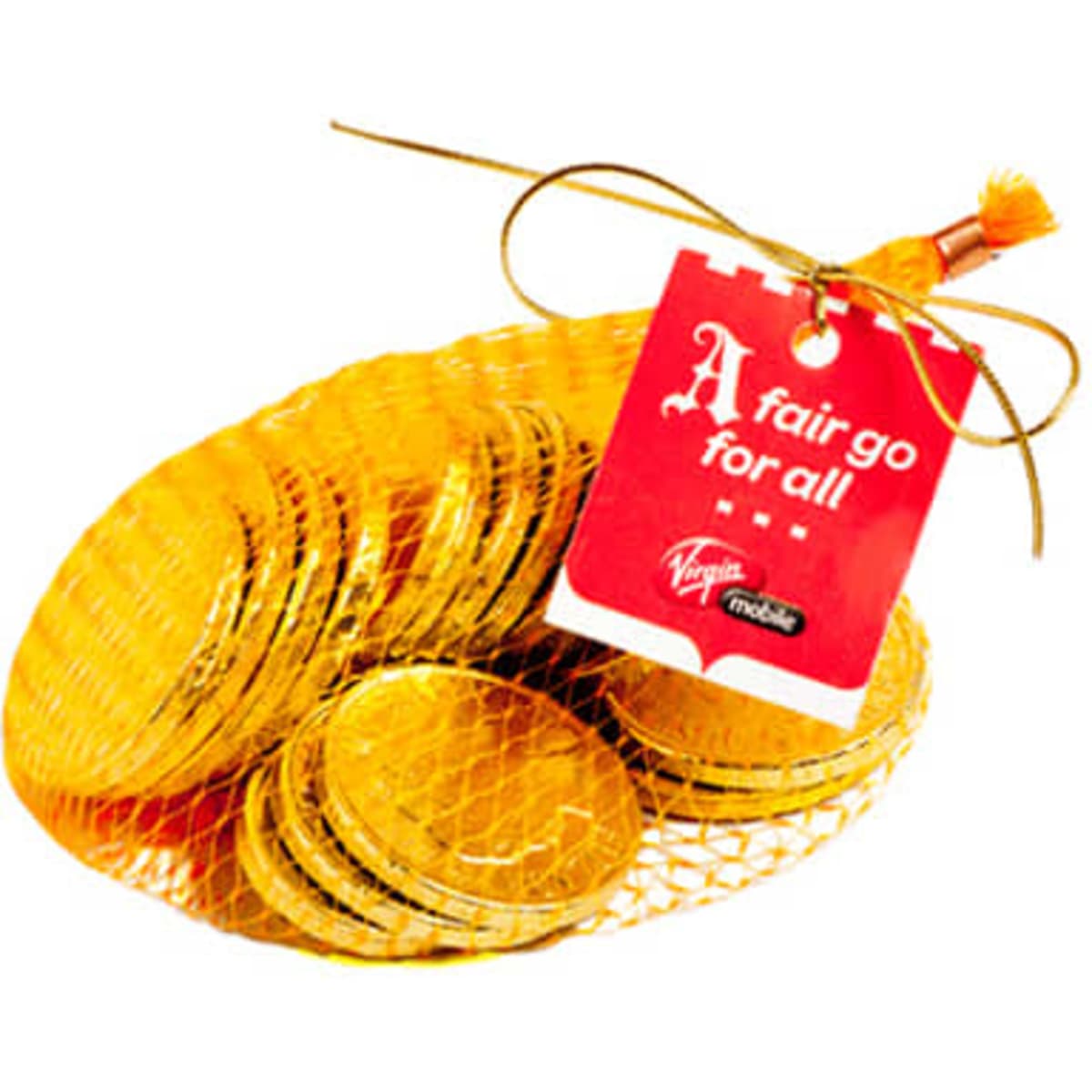 A mesh bag filled with shiny gold chocolate coins, featuring a tag and tied with a golden ribbon.