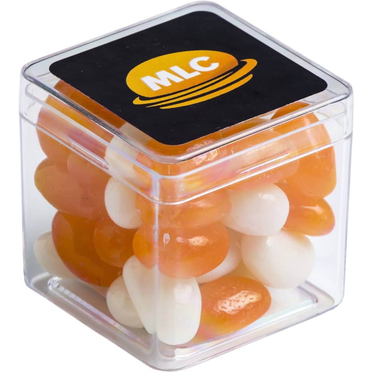 A clear cube container filled with orange and white jelly beans, with a branding logo on the lid.