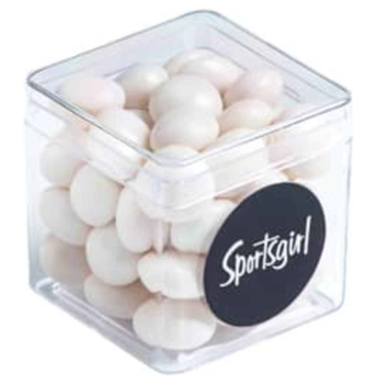 A clear cube container filled with white chewy mints, featuring a circular black logo.