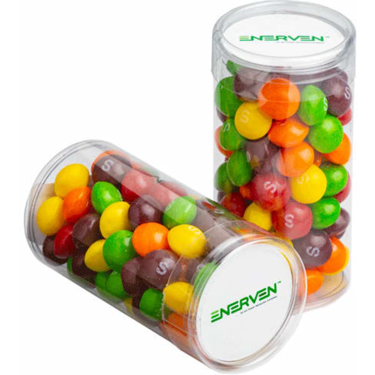 Two clear tubes filled with colourful Skittles in red, green, yellow, orange, and purple, featuring a branding logo.