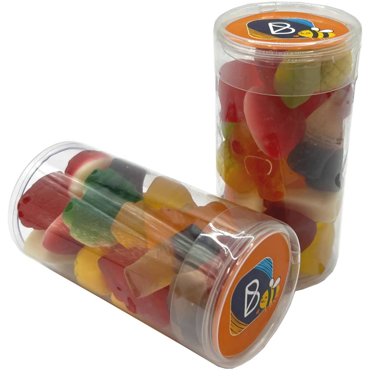 A clear tube filled with mixed lollies in various colours, including red, yellow, green, and orange. The tube features a branding logo.