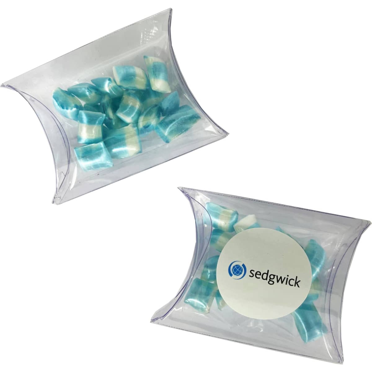 A pillow pack containing blue and white humbugs, with a logo on the clear packaging.