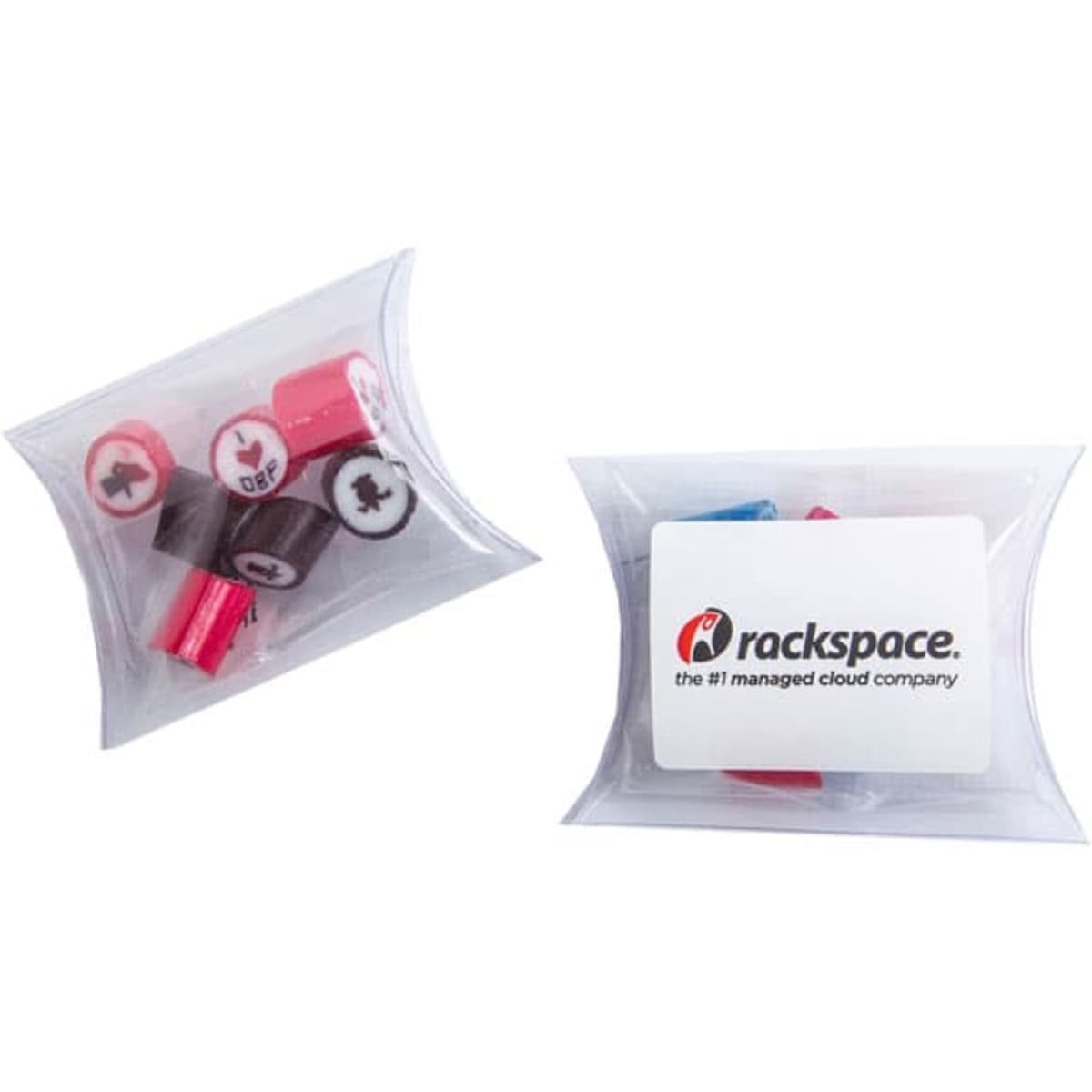 A transparent pillow pack containing assorted rock candy in pink, red, and blue, with a branding label included.