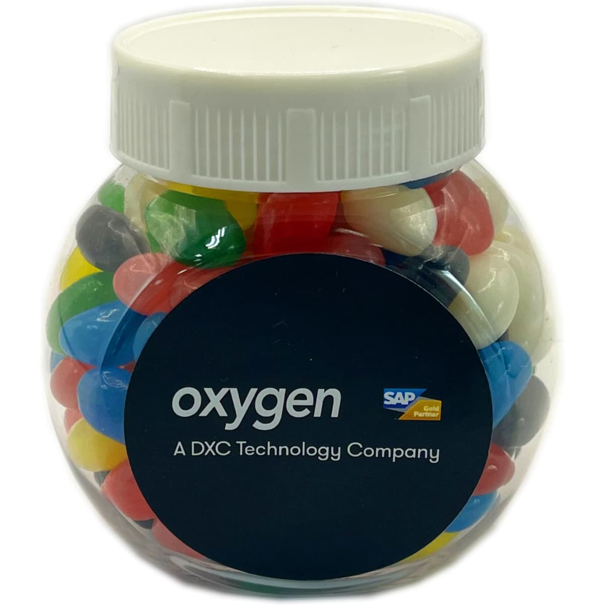 A plastic jar filled with colourful mini jelly beans, featuring a white lid and a logo on the front.