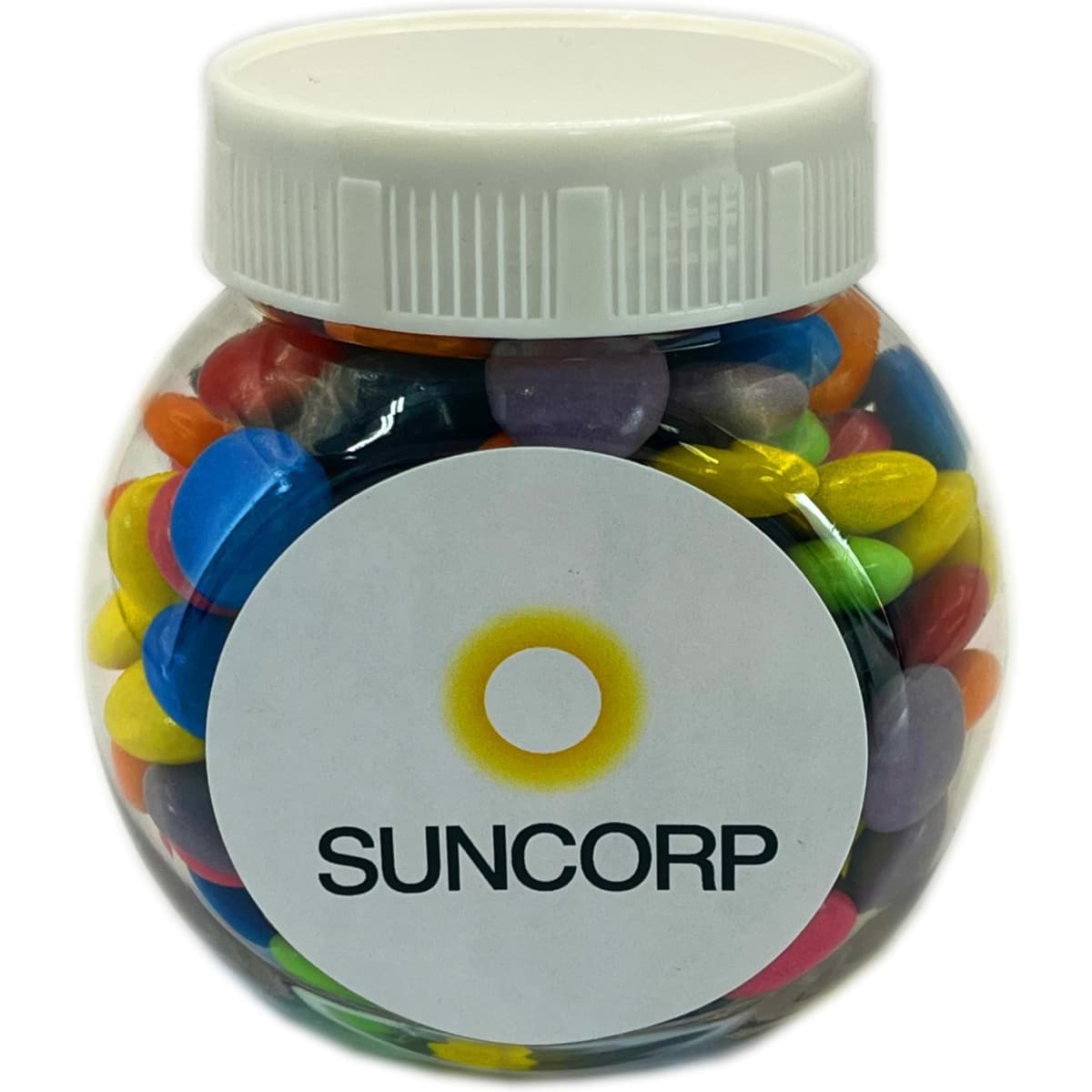 A plastic jar filled with colourful choc beans, featuring a white lid and a logo on the front.