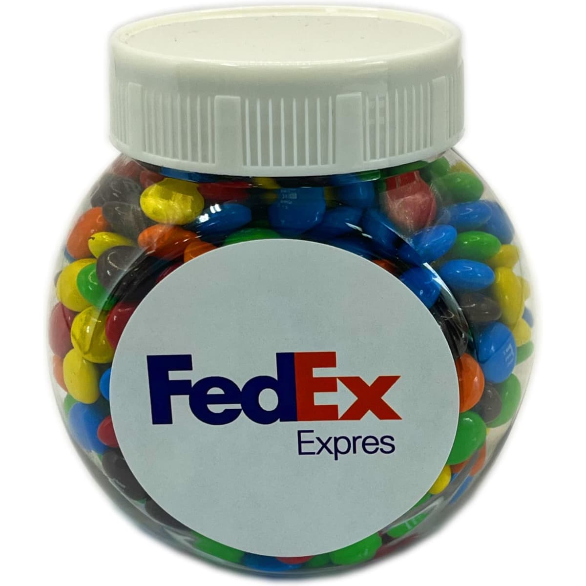 A plastic jar filled with multicoloured M&Ms, featuring a logo on the front.