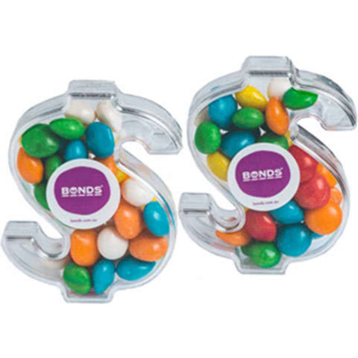 Acrylic dollar-shaped container filled with chewy fruit candies in various colours, featuring a logo on the front.