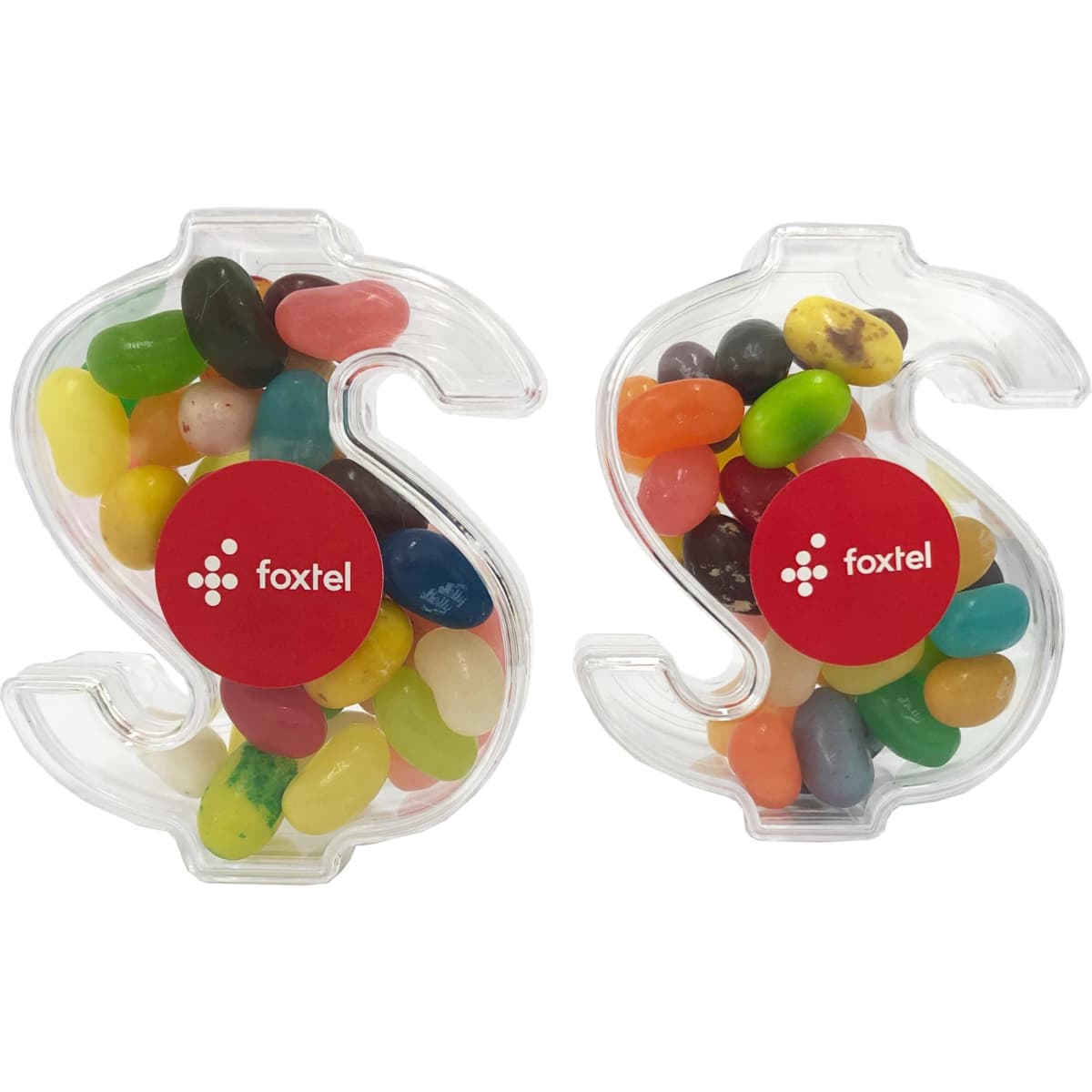 Acrylic dollar-shaped container filled with assorted colourful JELLY BELLY jelly beans, featuring a logo.