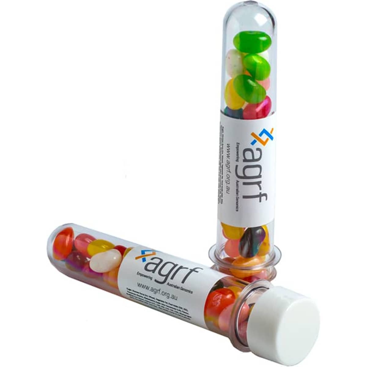 A test tube filled with colourful JELLY BELLY jelly beans in various shades, with a branded logo on the side.
