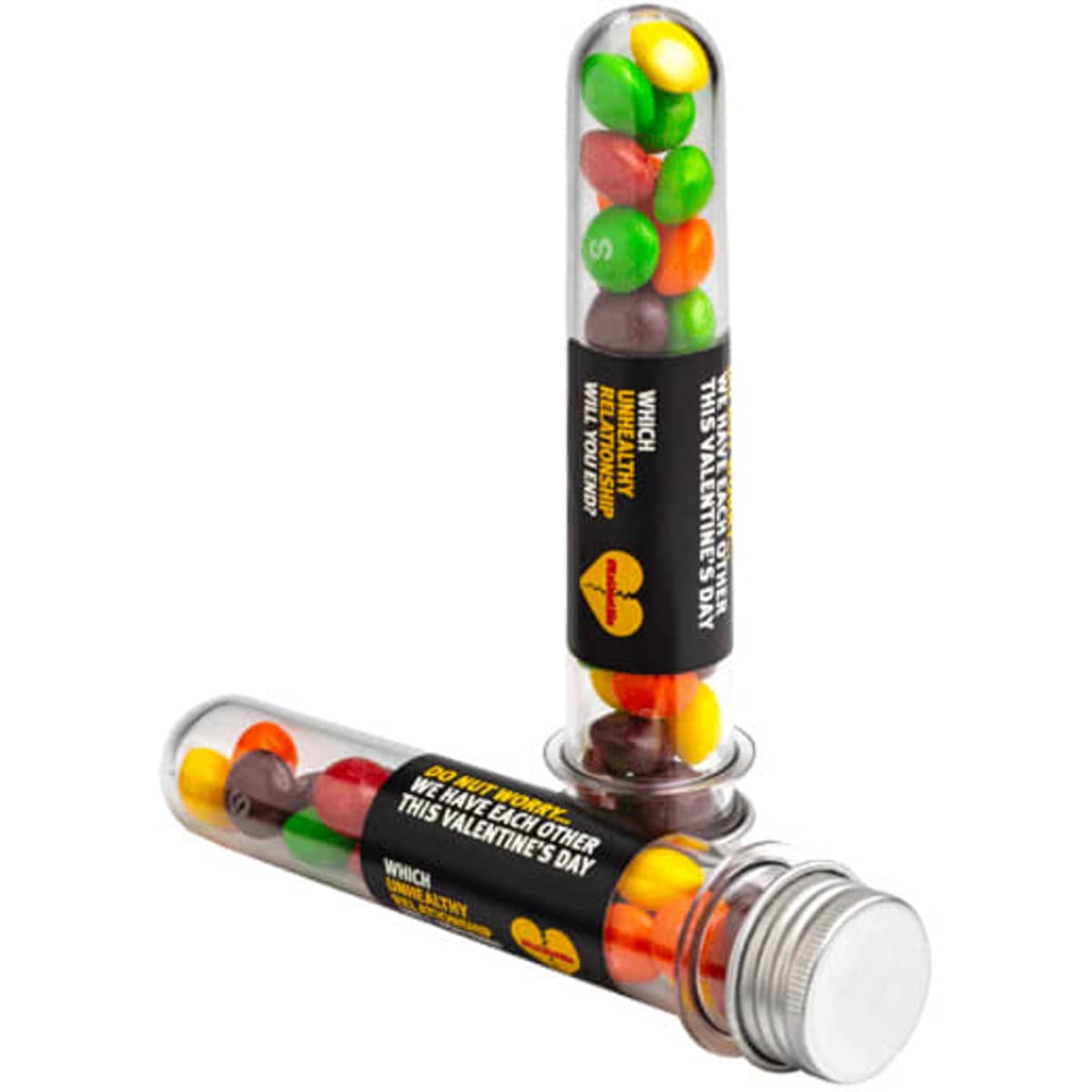 A clear test tube filled with colourful Skittles, featuring a silver cap and a branding label.