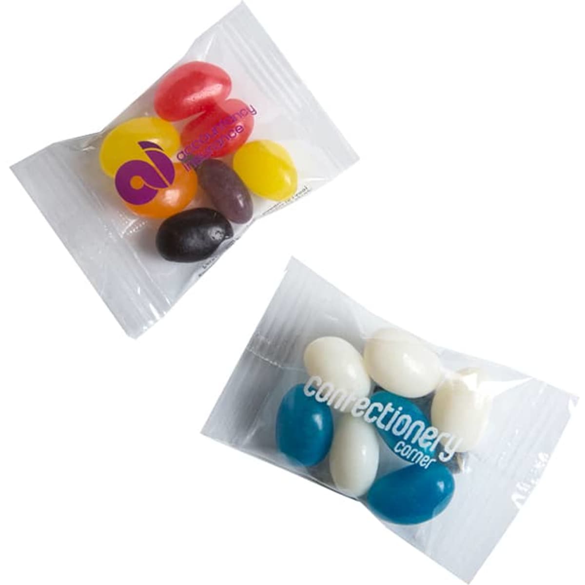 Two clear plastic bags containing assorted mini jelly beans in various colours, including red, yellow, black, blue, and white.