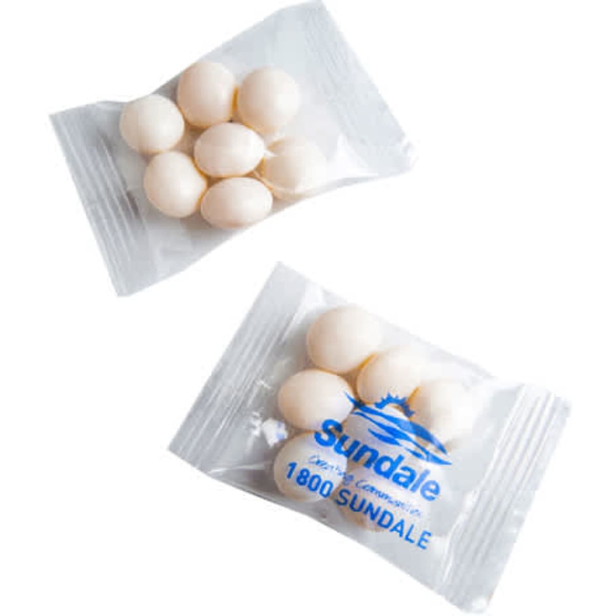 A small clear packet containing eight white mint candies, branded with a logo.