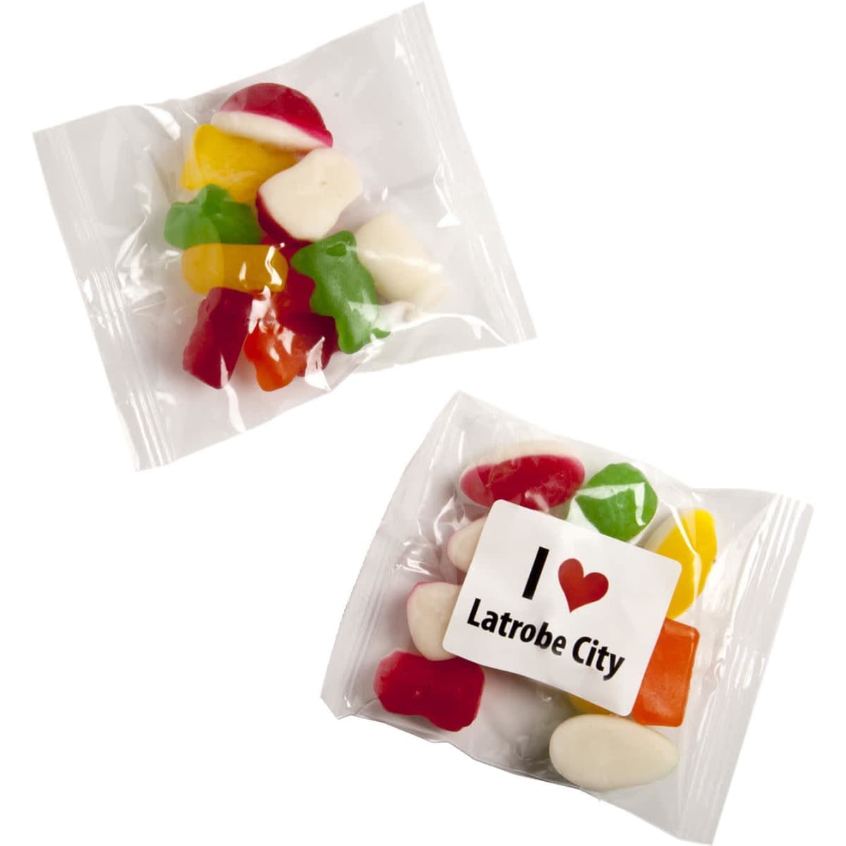 Mixed lollies in assorted colours, packaged in a clear bag with a label featuring a logo.