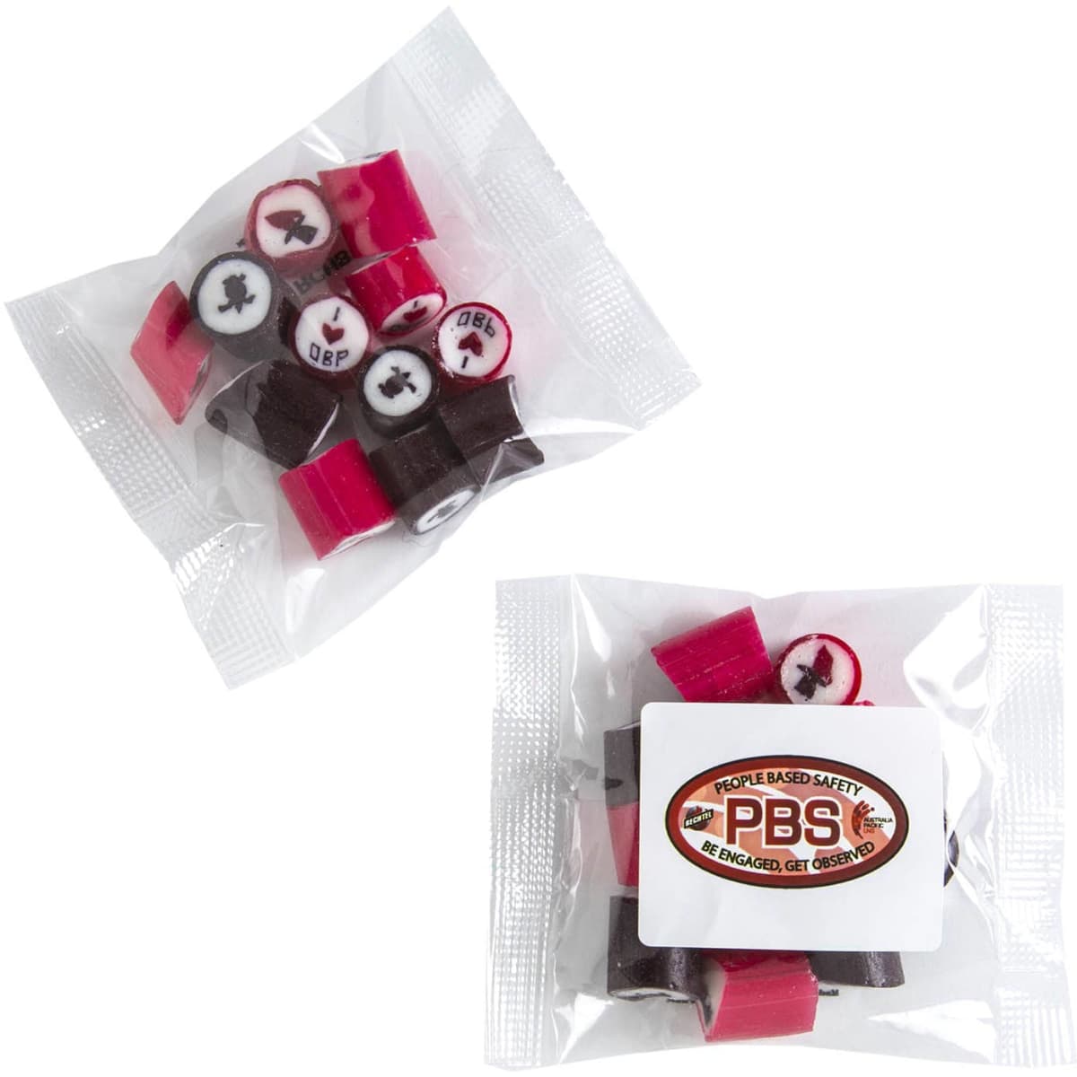 A clear bag containing colourful rock candy pieces in red, pink, and brown, featuring decorative designs and a logo.