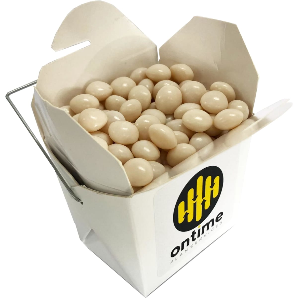 A white cardboard noodle box filled with light cream mints, featuring a logo on the side.