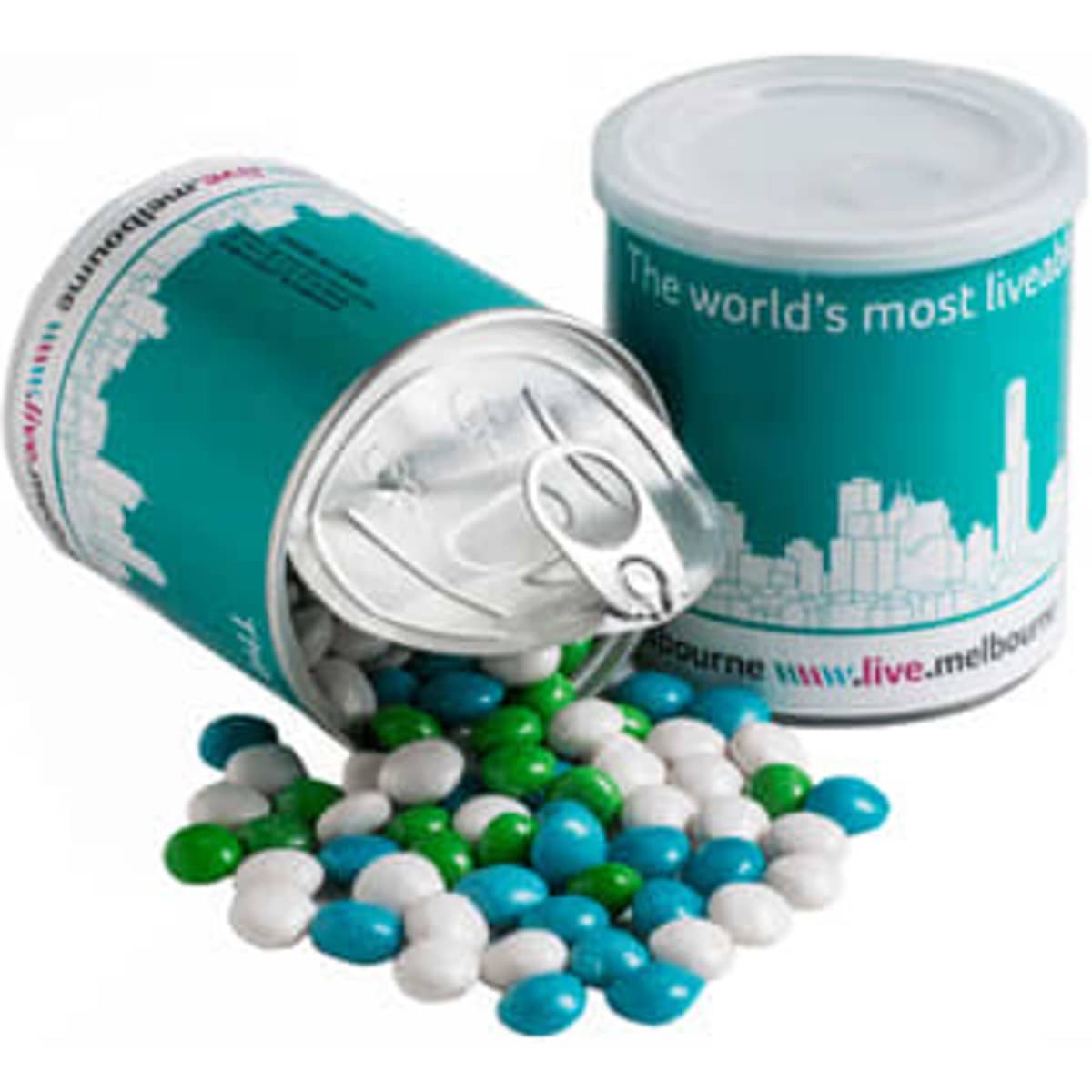 A canister filled with multi-coloured chewy fruit sweets in green, blue, and white spilling out. It features a logo design.