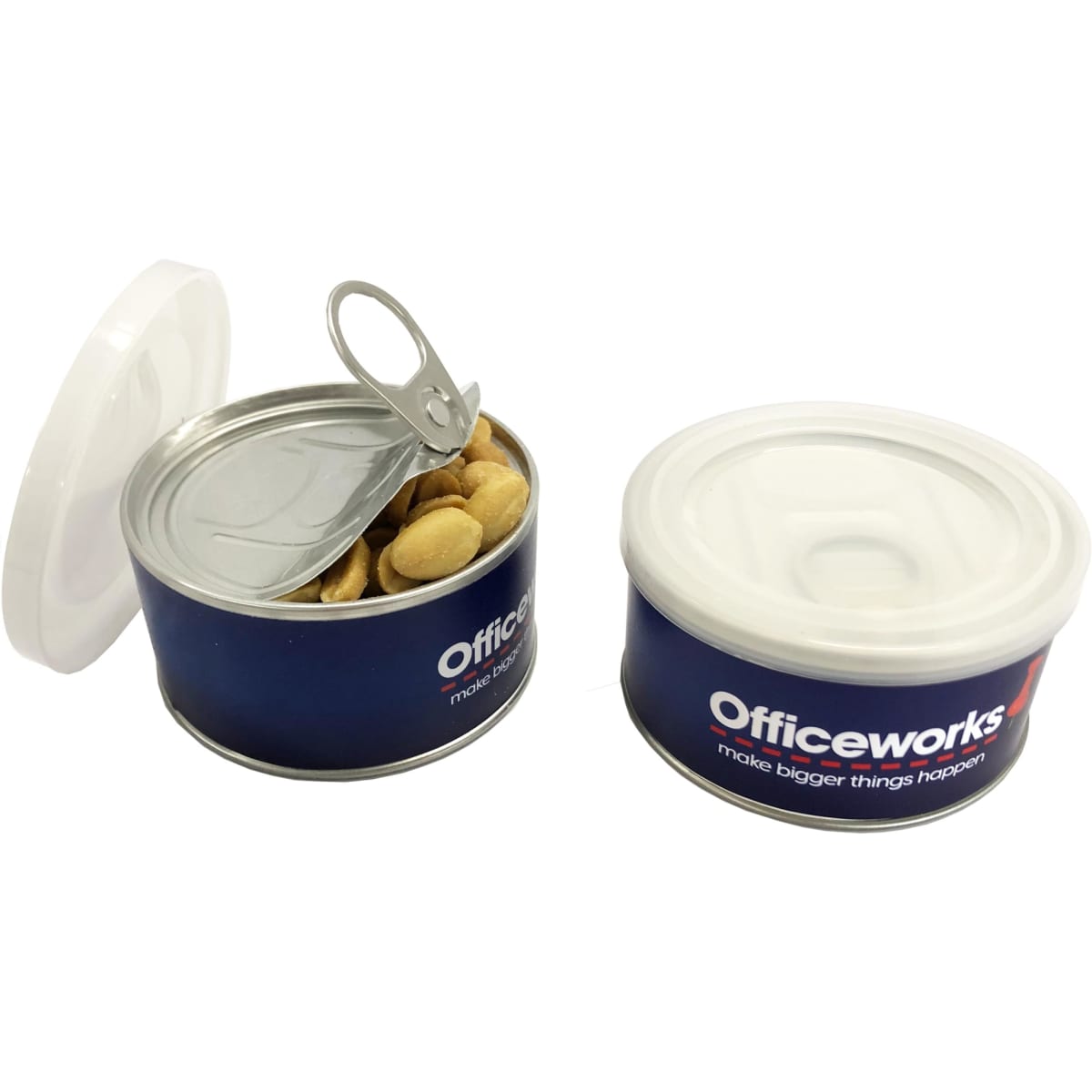 A small blue pull can containing peanuts, featuring a metal tab and a plastic lid.