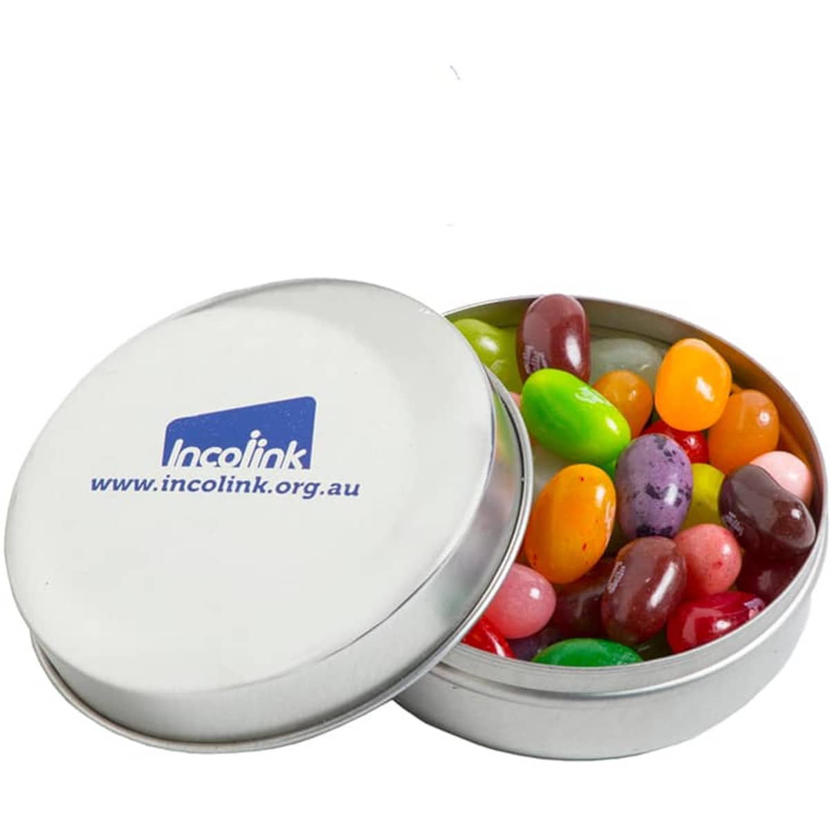 A silver tin container filled with assorted JELLY BELLY jelly beans in various bright colours.
