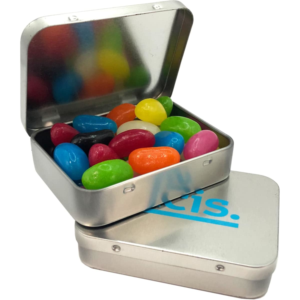 A rectangle tin with a silver finish, containing colourful jelly beans in various shades. The tin has a logo on the lid.