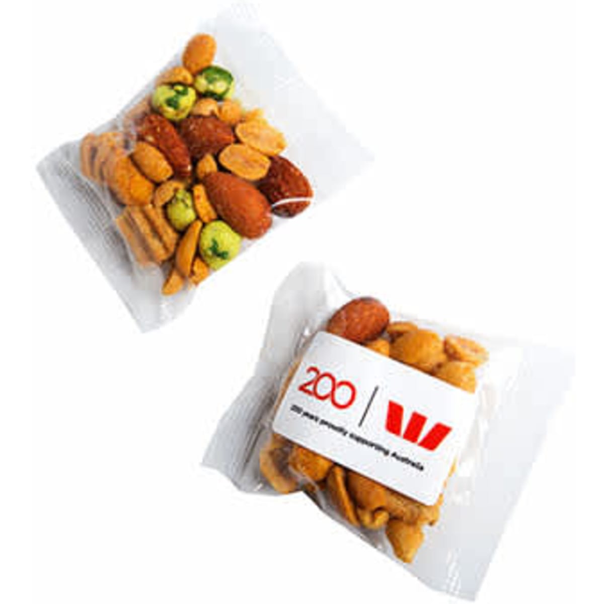 A clear packet containing a mix of nuts and crunchy snacks, featuring various shades of brown and green. It has a logo on the front.