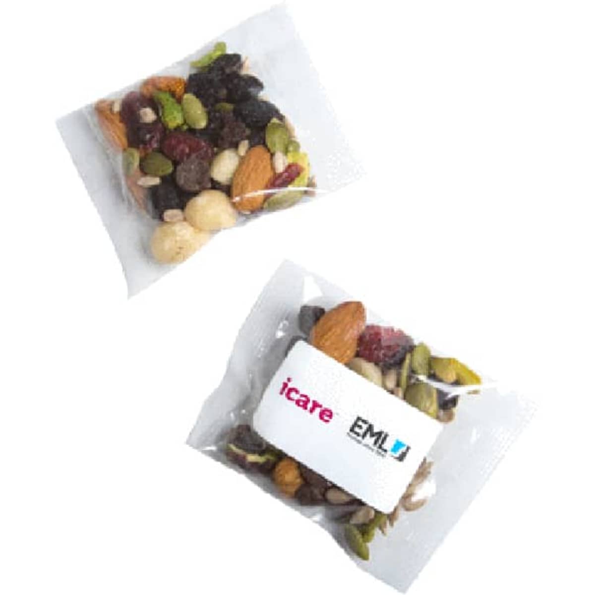 A clear pouch containing a colourful mix of nuts, seeds, and dried fruits, labelled with branding.