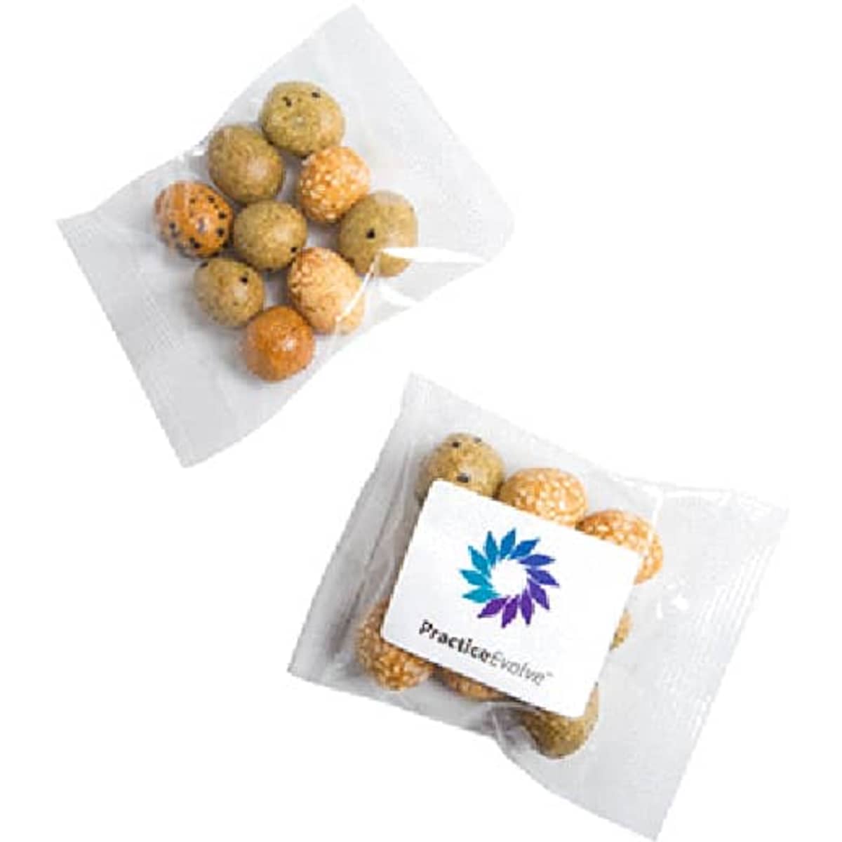 A pack of peanut crackers in various colours, featuring a mix of light and dark shades, with a logo on the packaging.