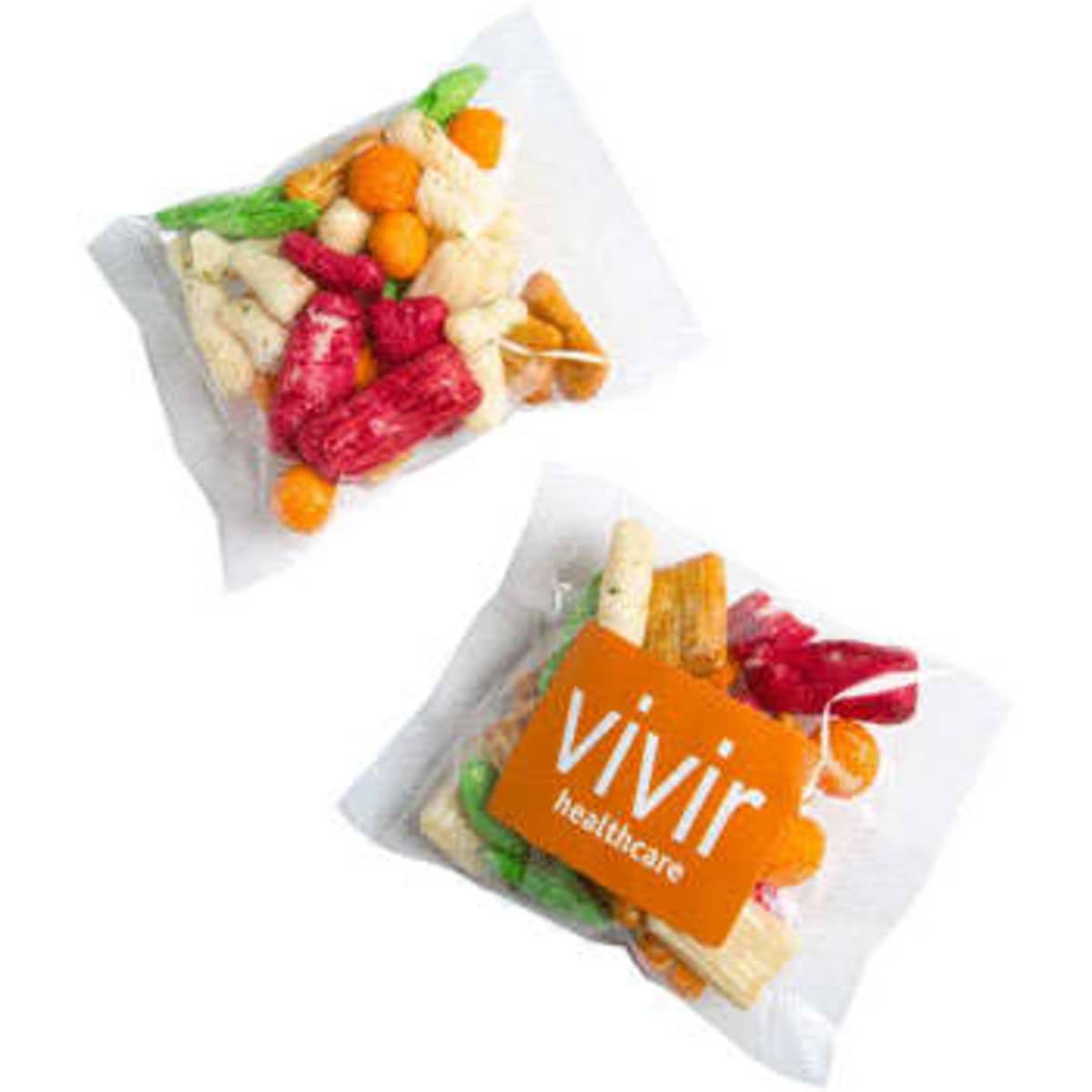 A clear packet of colourful rice crackers featuring a mix of assorted shapes and textures, with a logo.