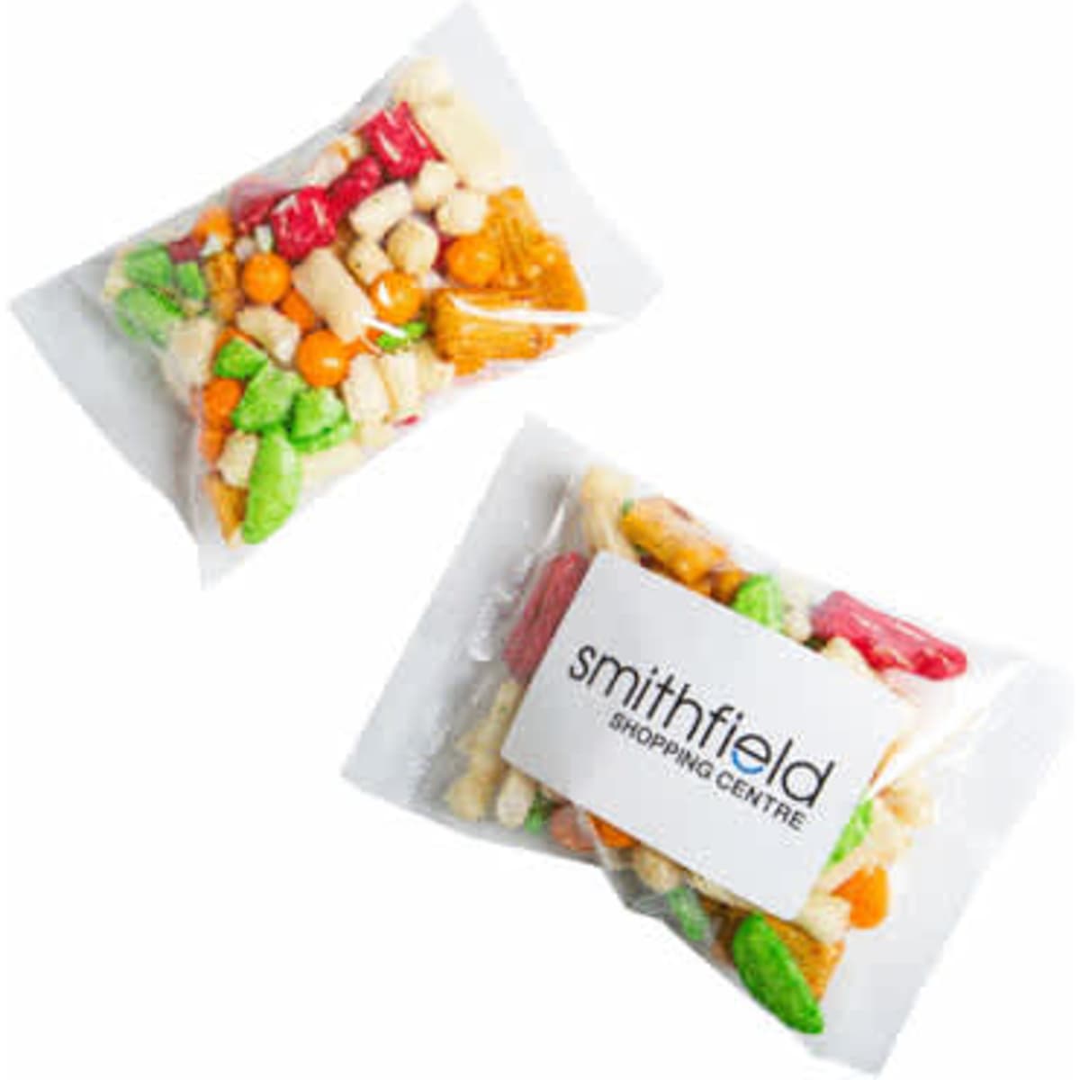 A clear plastic bag containing colourful rice crackers in various shapes and sizes, featuring a logo on the front.