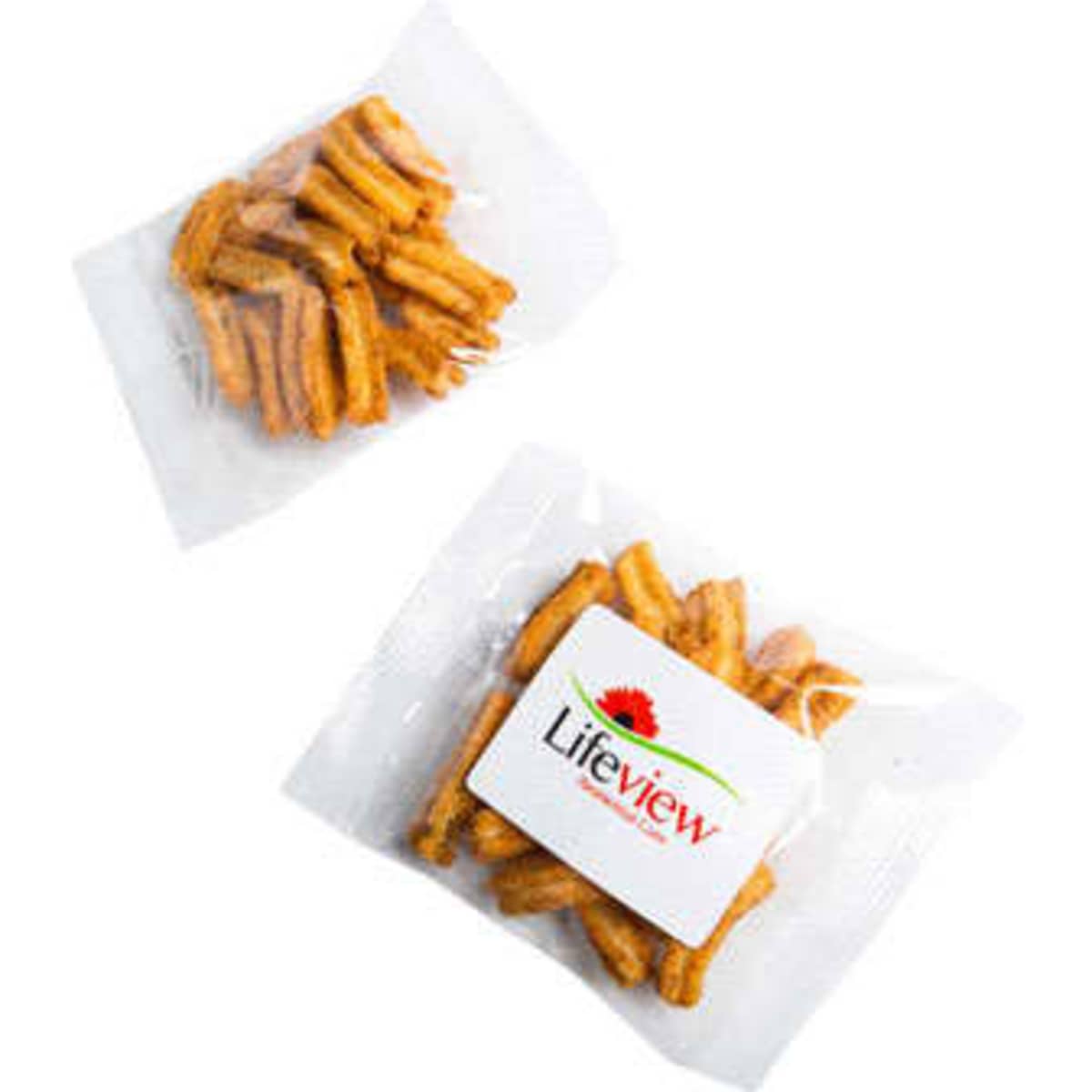 A clear plastic bag contains golden-brown Soya Crisps, with a logo on the packaging.