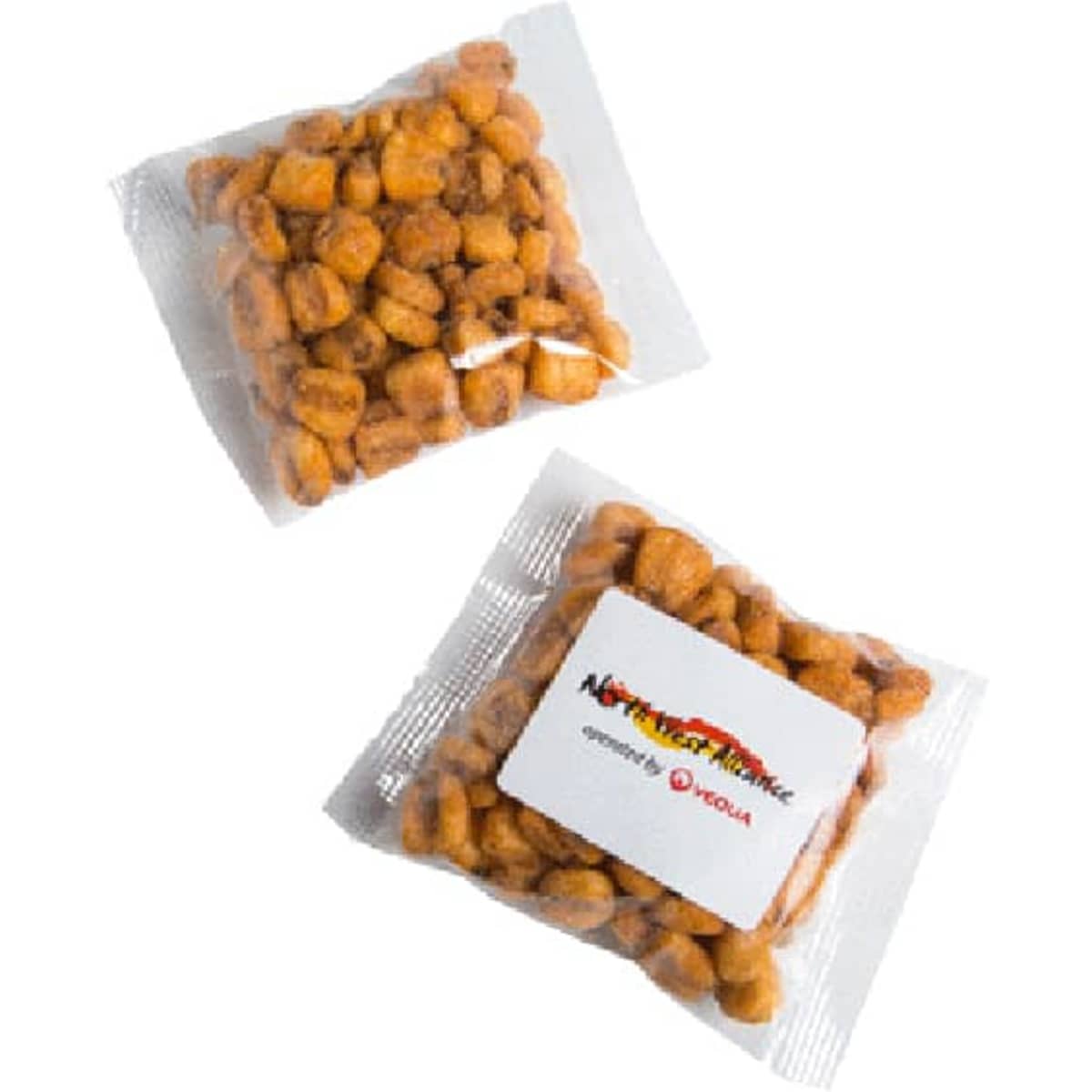 Two transparent packets of Chilli Toasted Corn, featuring yellow-orange corn snacks. Each has a brand logo on the packaging.