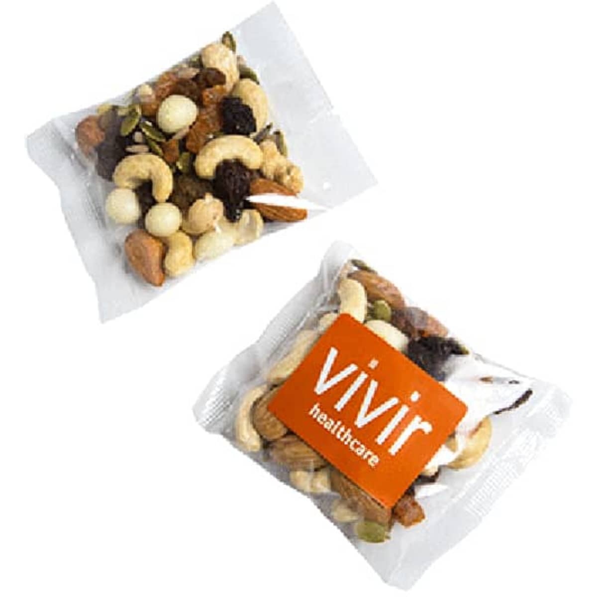 A clear pouch containing a mix of nuts, seeds, and dried fruits, featuring tones of brown, cream, and green.