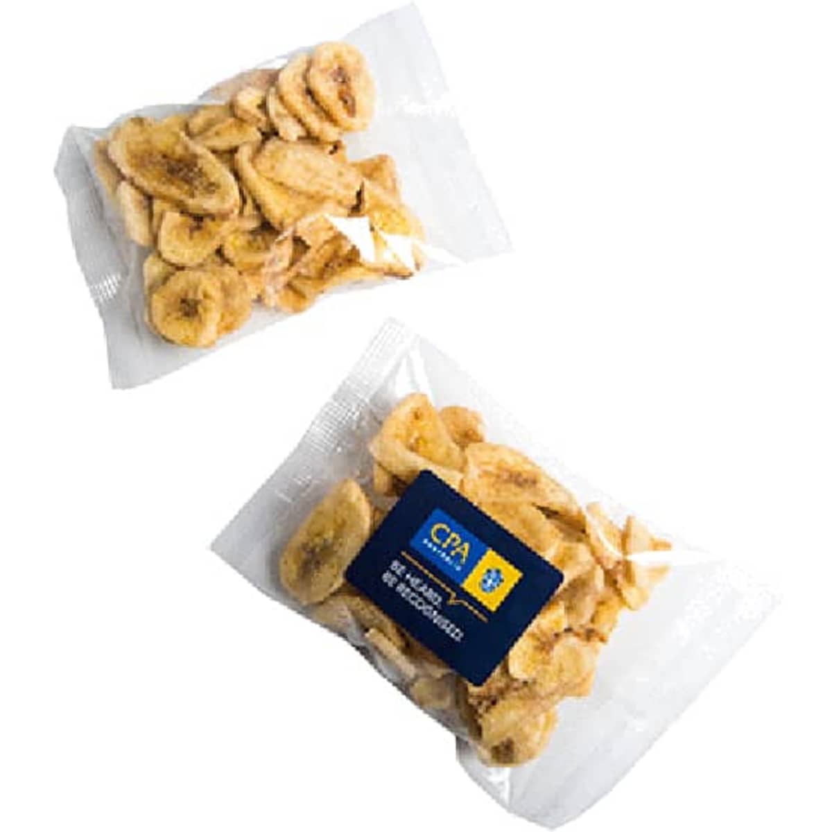 Two packets of banana chips, featuring light brown, crispy slices in a clear plastic packaging with a logo.