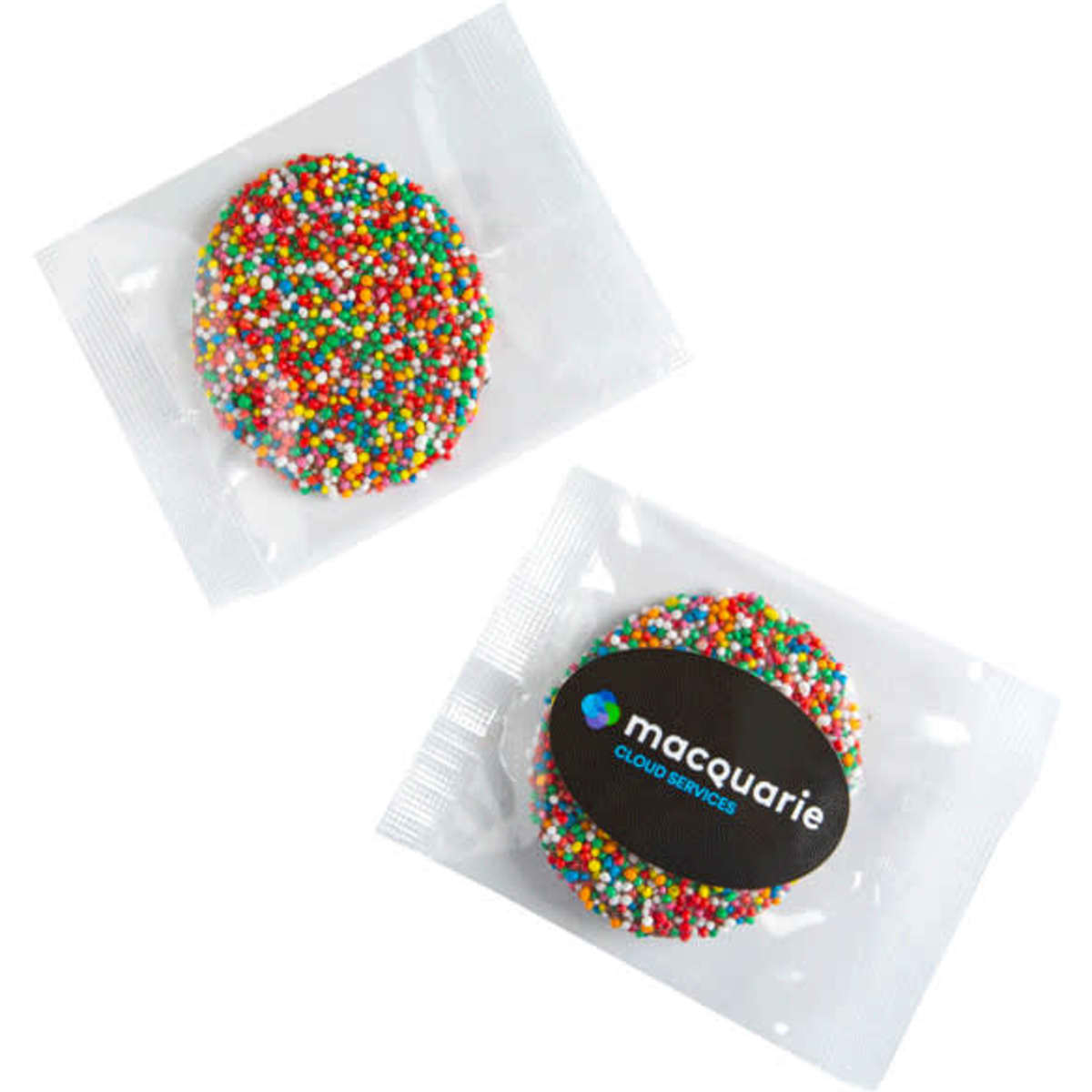 A colourful chocolate freckle in a clear cello bag, featuring vibrant sprinkles in red, green, blue, and yellow.