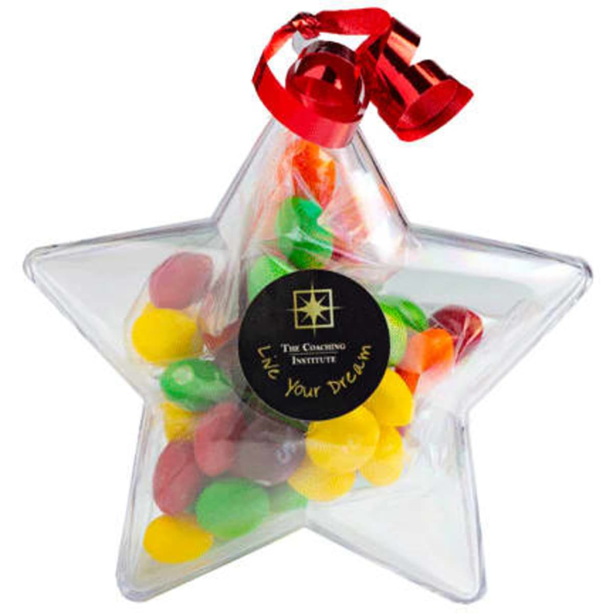 Acrylic star filled with colourful Skittles, featuring a ribbon and a logo on a black tag.