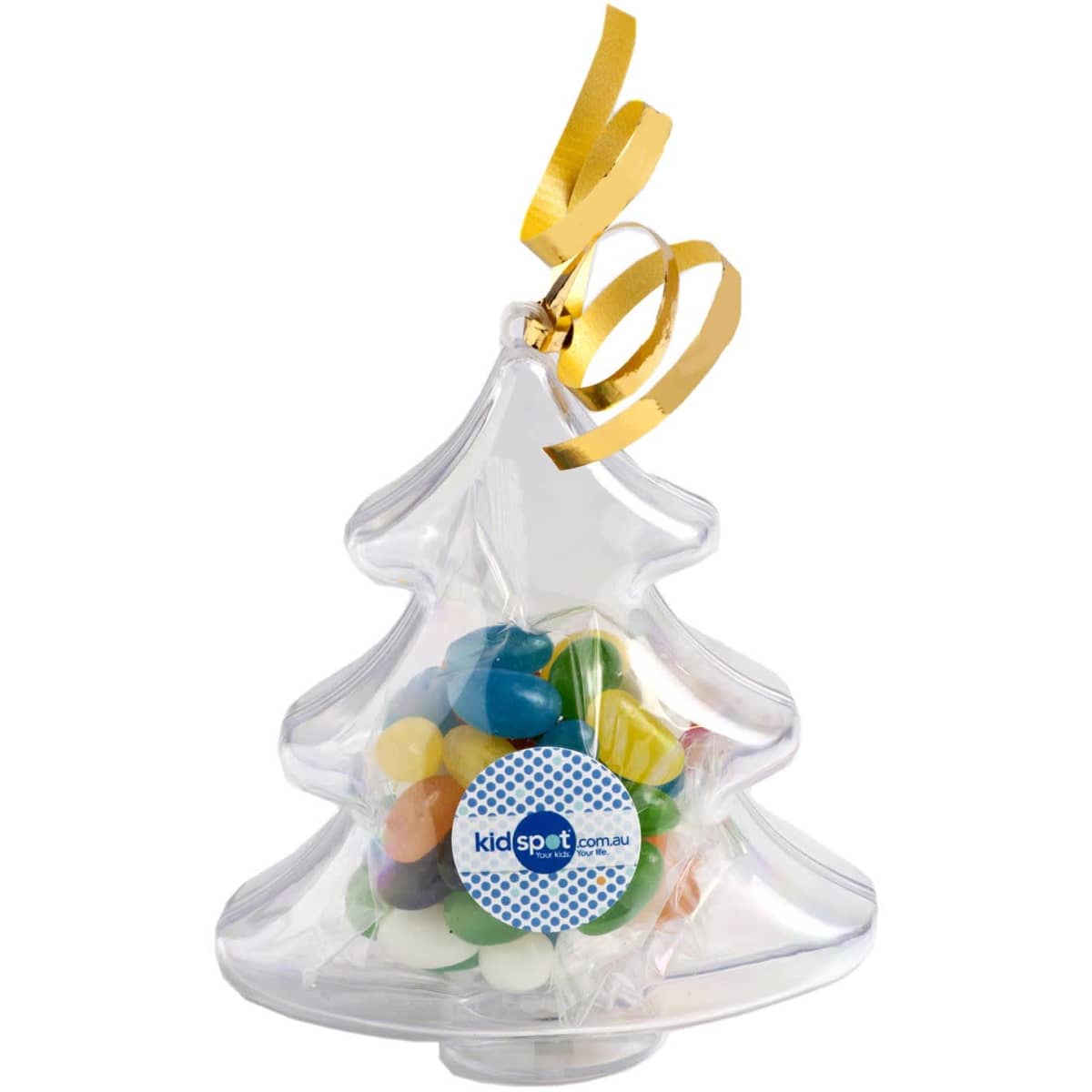Acrylic tree-shaped container filled with colourful mini jelly beans, topped with a yellow ribbon and featuring a logo.