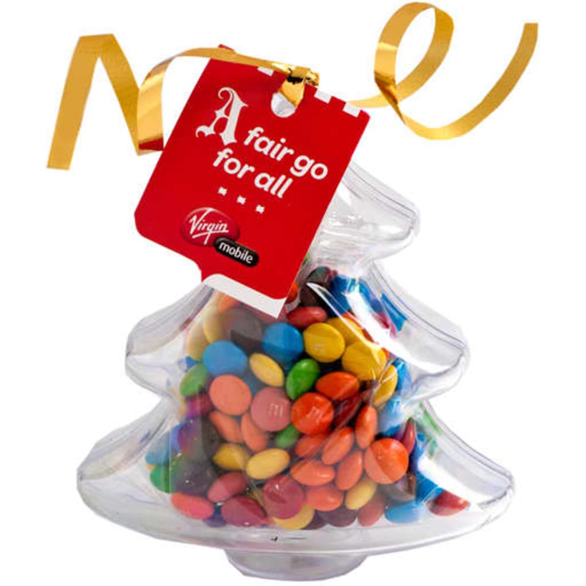 Acrylic Christmas tree filled with colourful M&Ms, featuring a red tag and a gold ribbon.