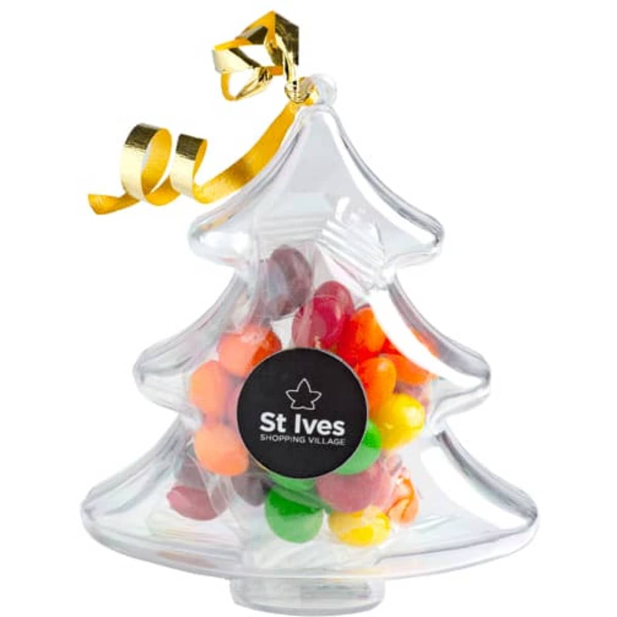 Acrylic tree-shaped container filled with colourful Skittles, featuring a decorative ribbon and logo.
