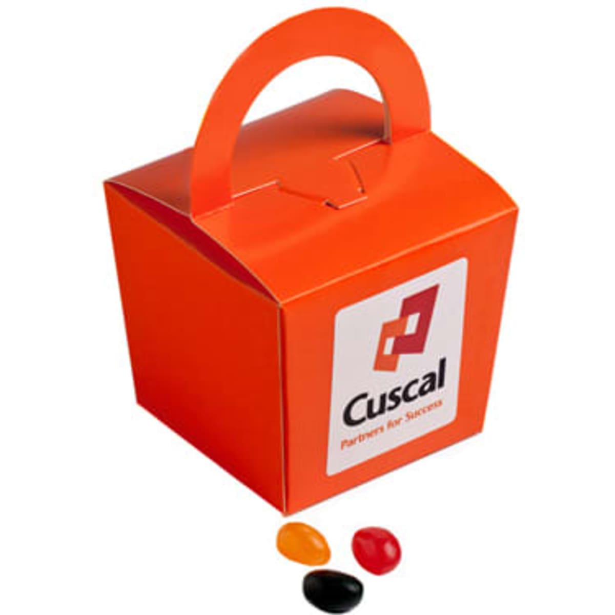 An orange noodle box containing colourful jelly beans with a handle. The box features a logo.