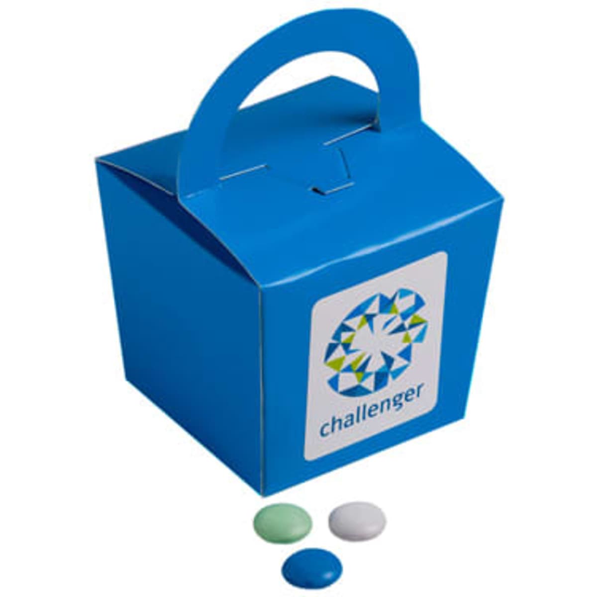 A blue noodle box containing chocolate beans with a handle and a logo on the front.