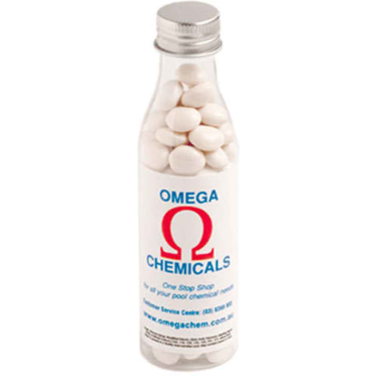 A drink bottle filled with white mints, featuring a logo and a clear, transparent design.