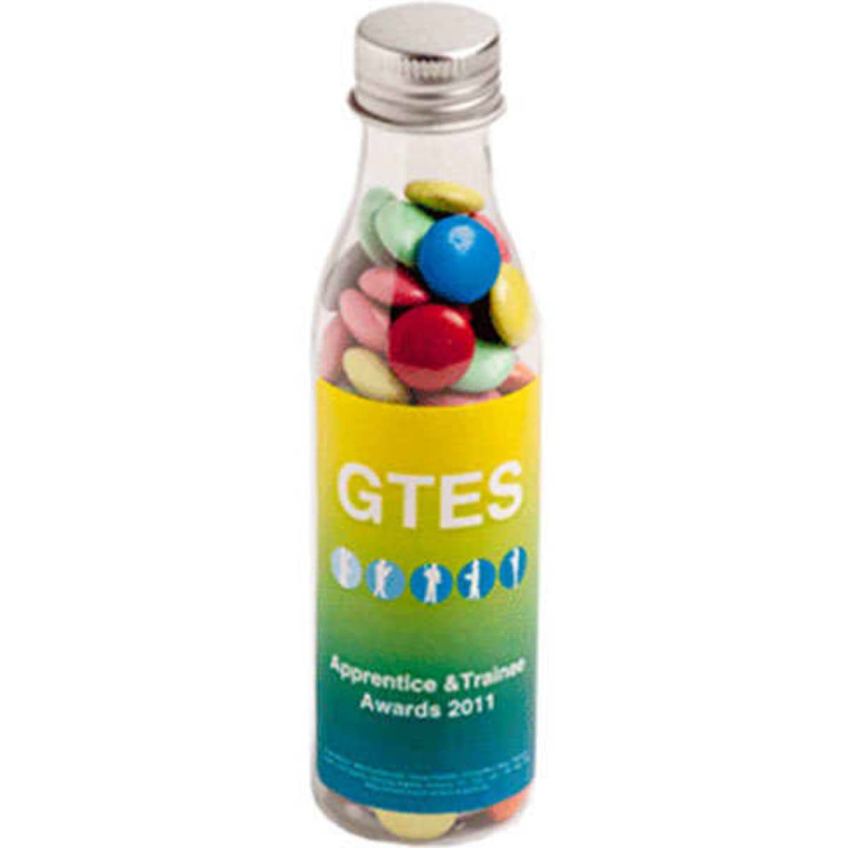 A drink bottle filled with multi-coloured choc beans, featuring a logo and a gradient yellow-green design.
