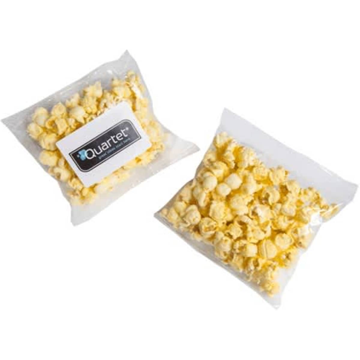 A clear bag of yellow buttered popcorn, featuring a logo on the packaging.