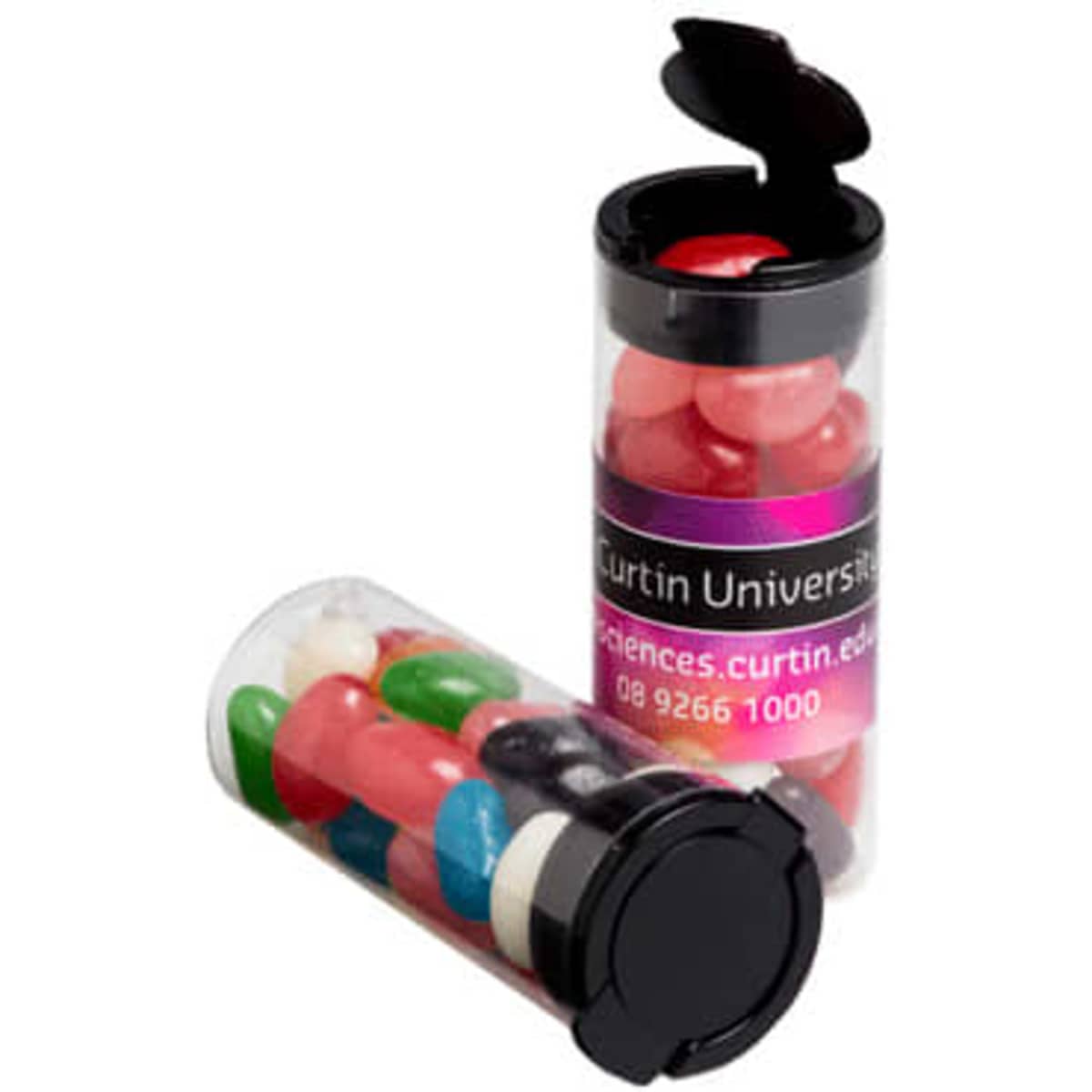 A clear flip lid tube filled with colourful jelly beans in various shades including red, green, blue, and white.