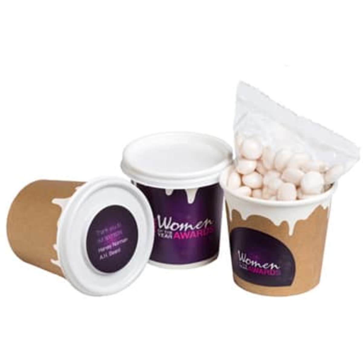 A coffee cup with a lid and mints inside, featuring a brown paper cup design and a branding logo.
