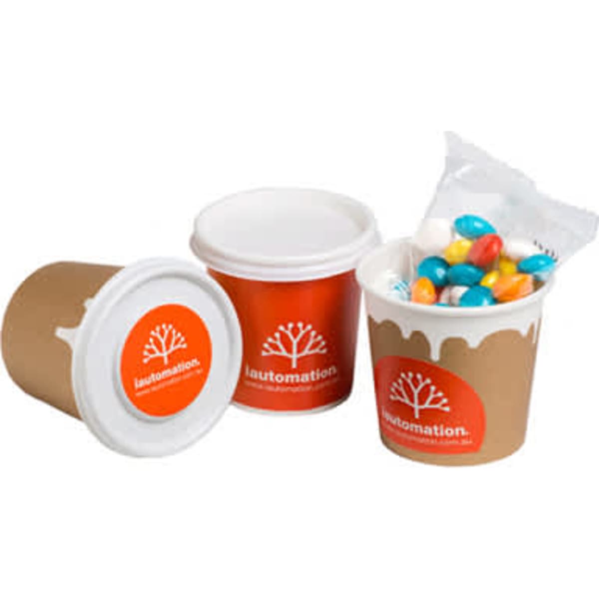 A coffee cup with a brown exterior and a white lid, filled with chewy fruit candies in vibrant colours.