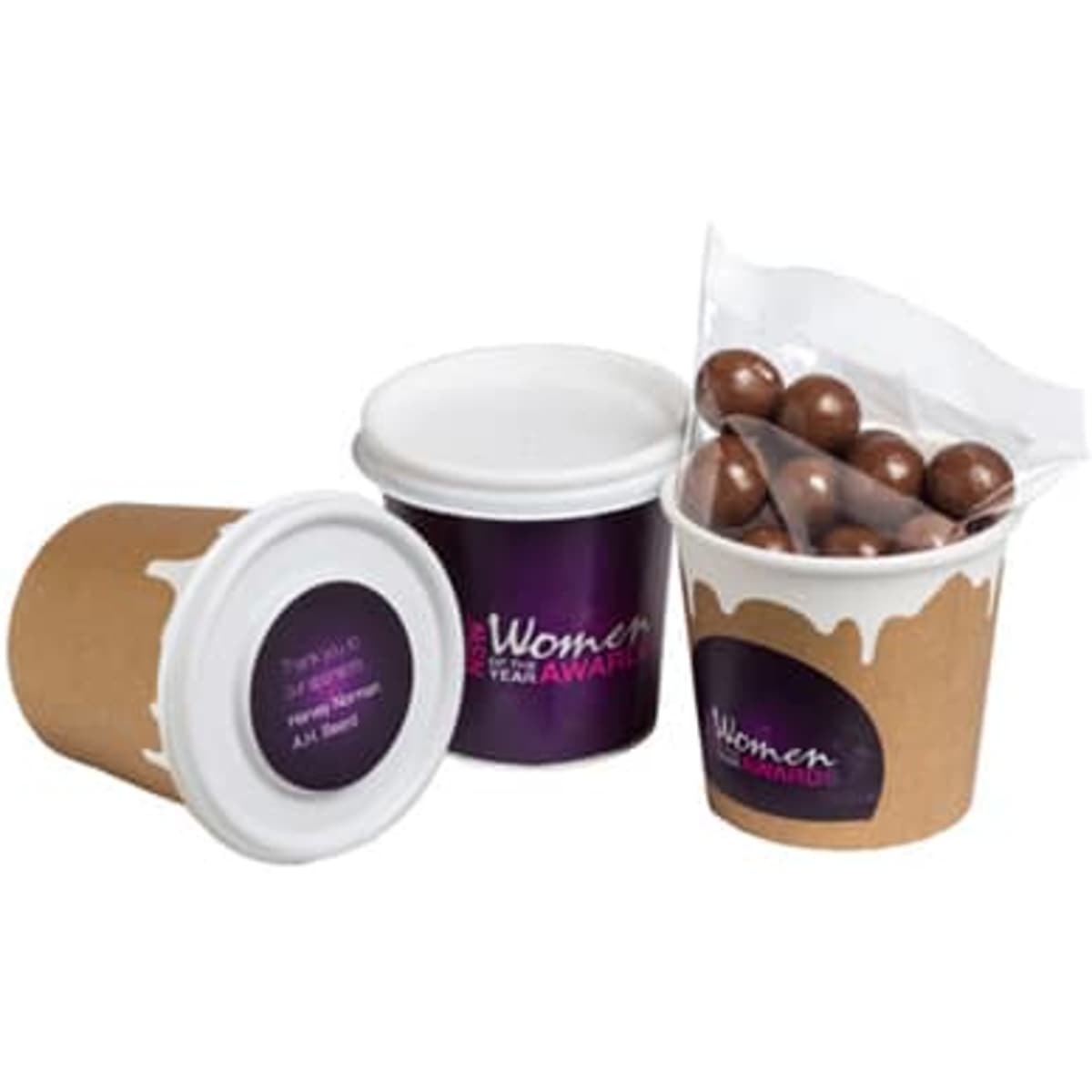 A brown coffee cup with a white lid containing chocolate-coated coffee beans. One cup is empty and the other is partially filled.