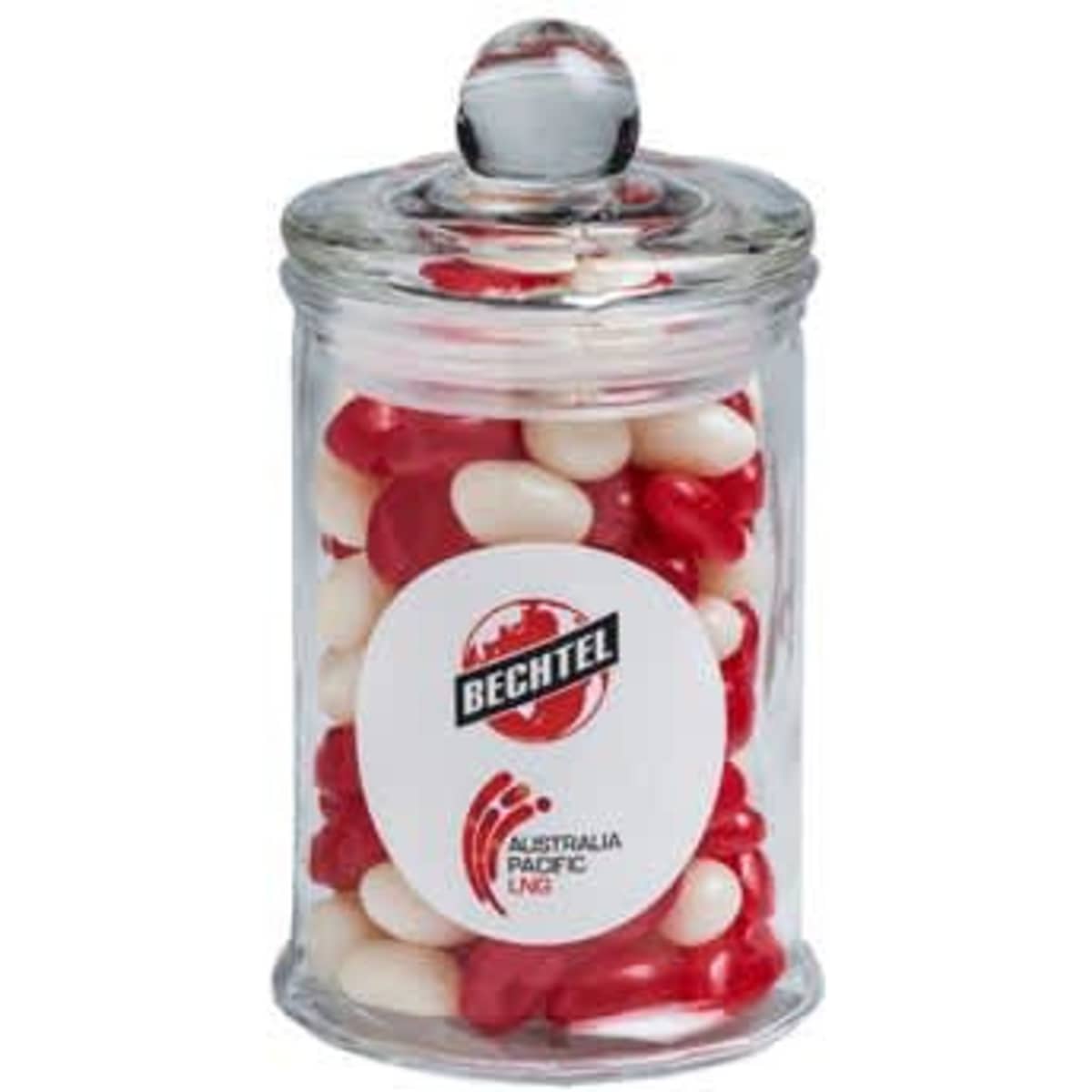 A small glass apothecary jar filled with red and white jelly beans, featuring a logo on the front.