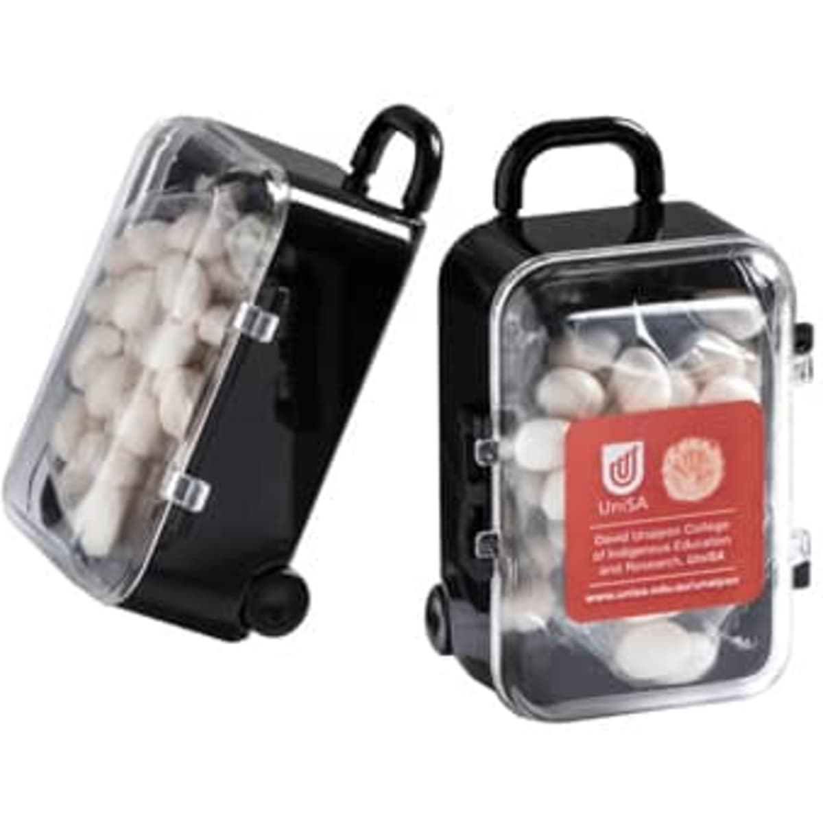 A black carry-on case containing white mints, featuring a transparent lid and a handle. It has a logo on the side.